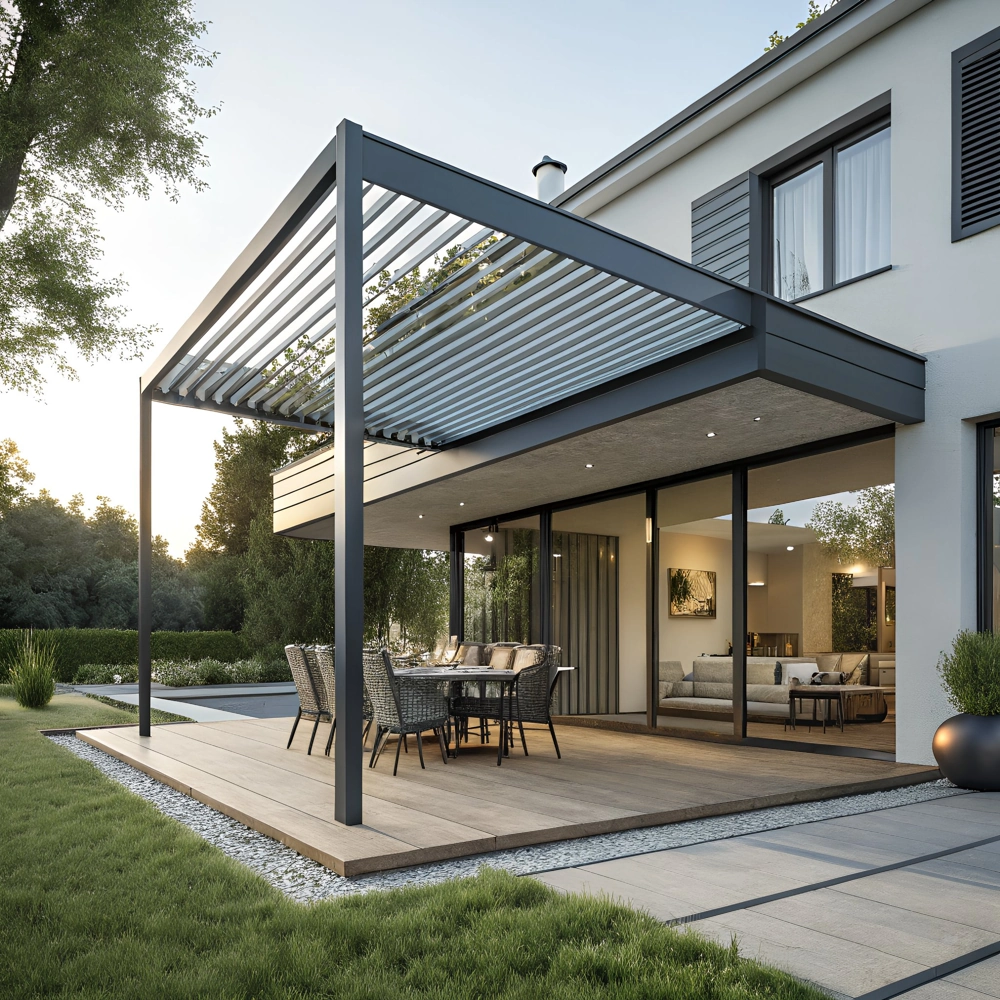 Moderne Terrassenüberdachung aus Metall mit integriertem Essplatz und Außenmöbeln