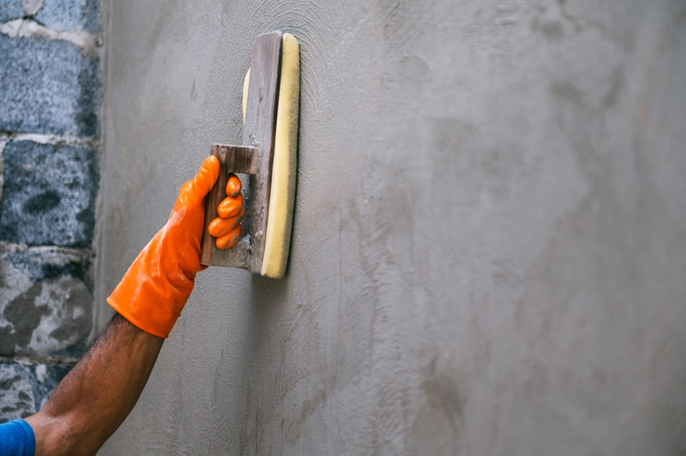 Hand mit orangen Handschuhen glättet Putz an Innenwand mit Glättkelle